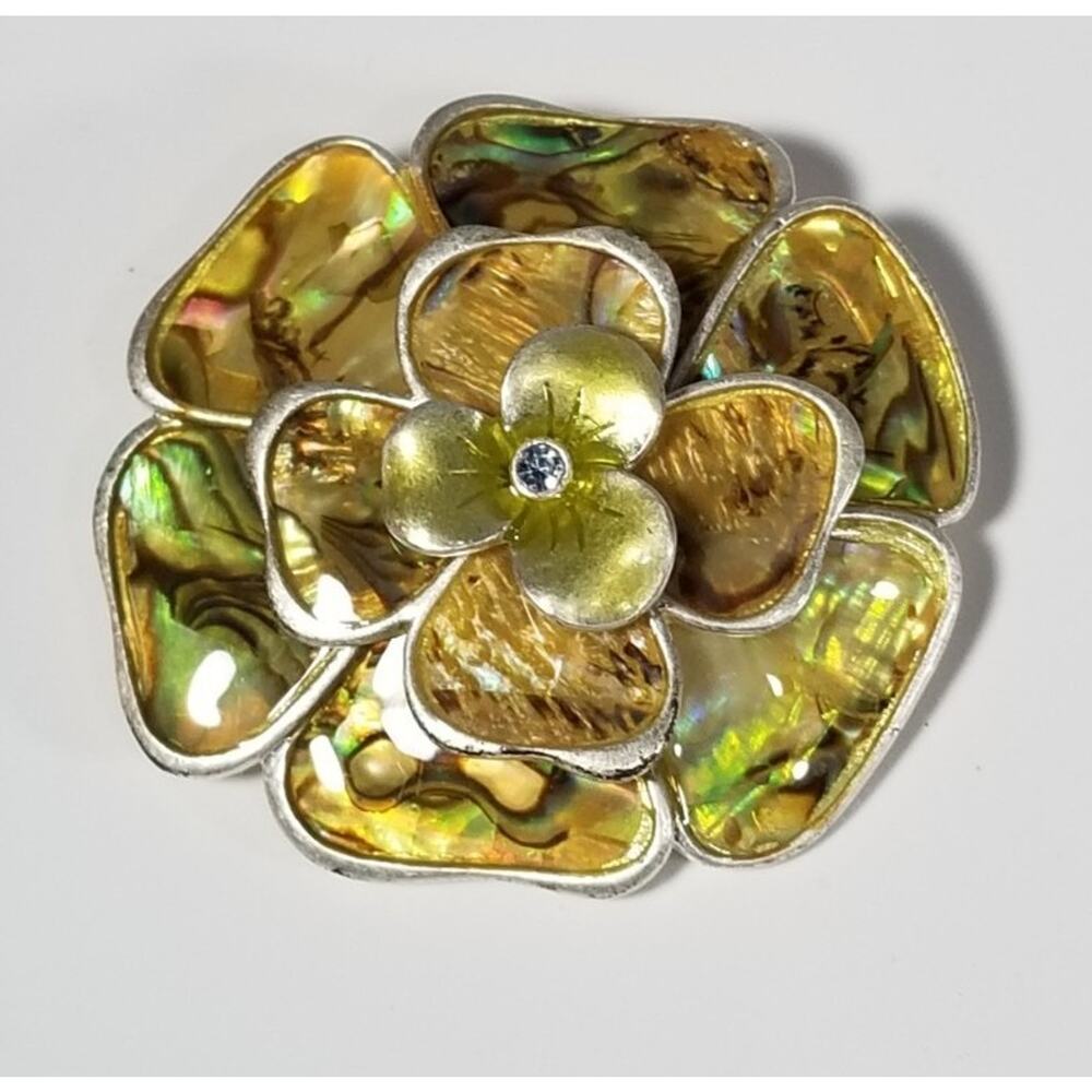 VTG MCM Mexican Alpaca Silver Abalone Shell Flower Brooch Pin Blue Rhinestone 3D